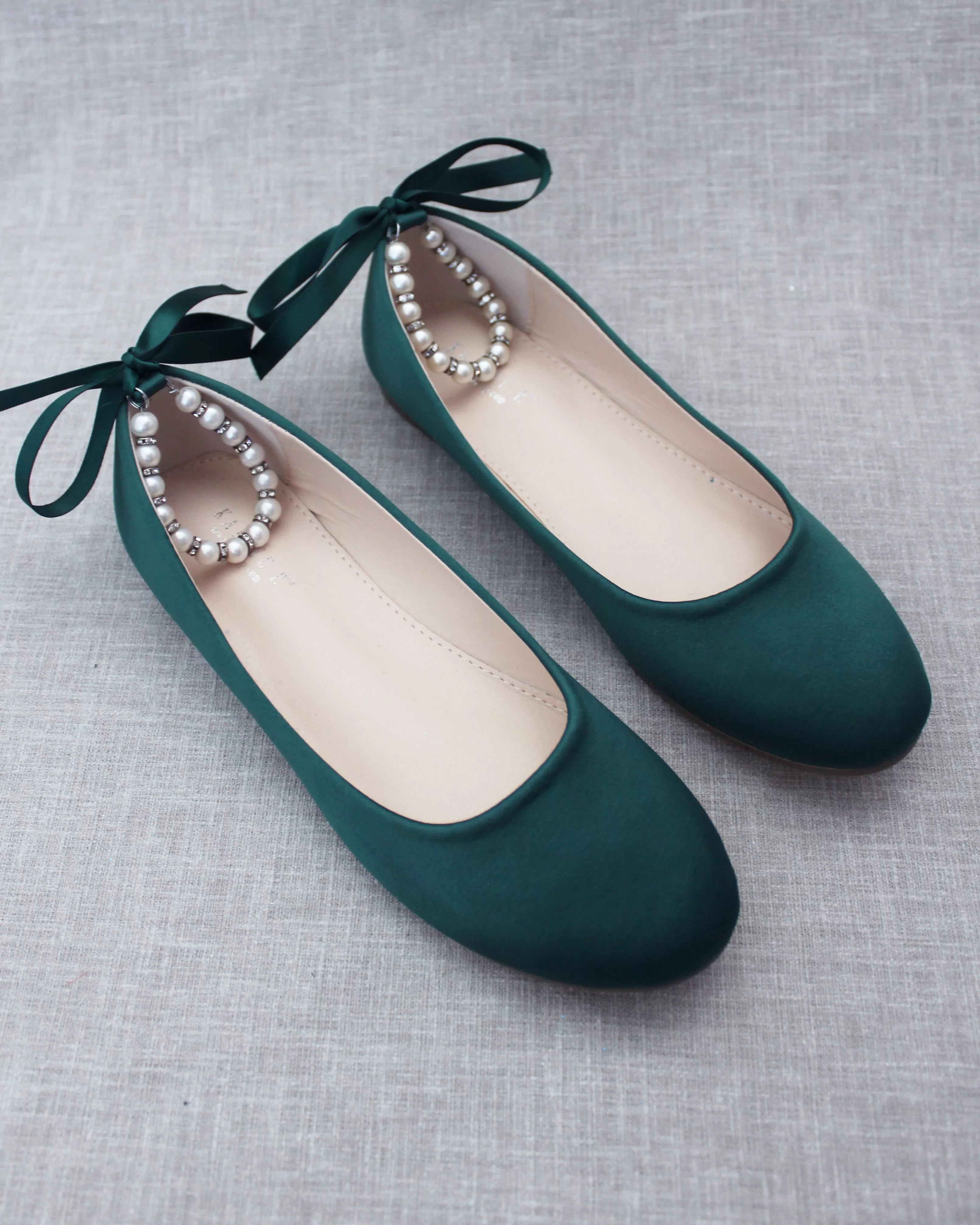 Hunter Green Round Toe Evening Flat with Pearl Strap