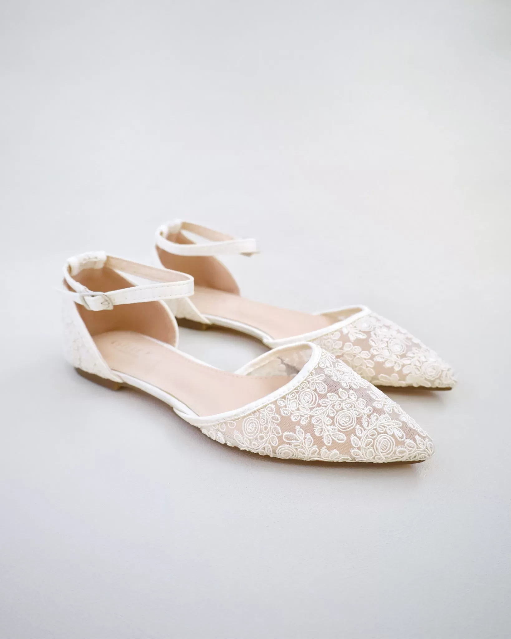 Ivory Crochet Lace Pointy Toe Flats with Ankle Strap