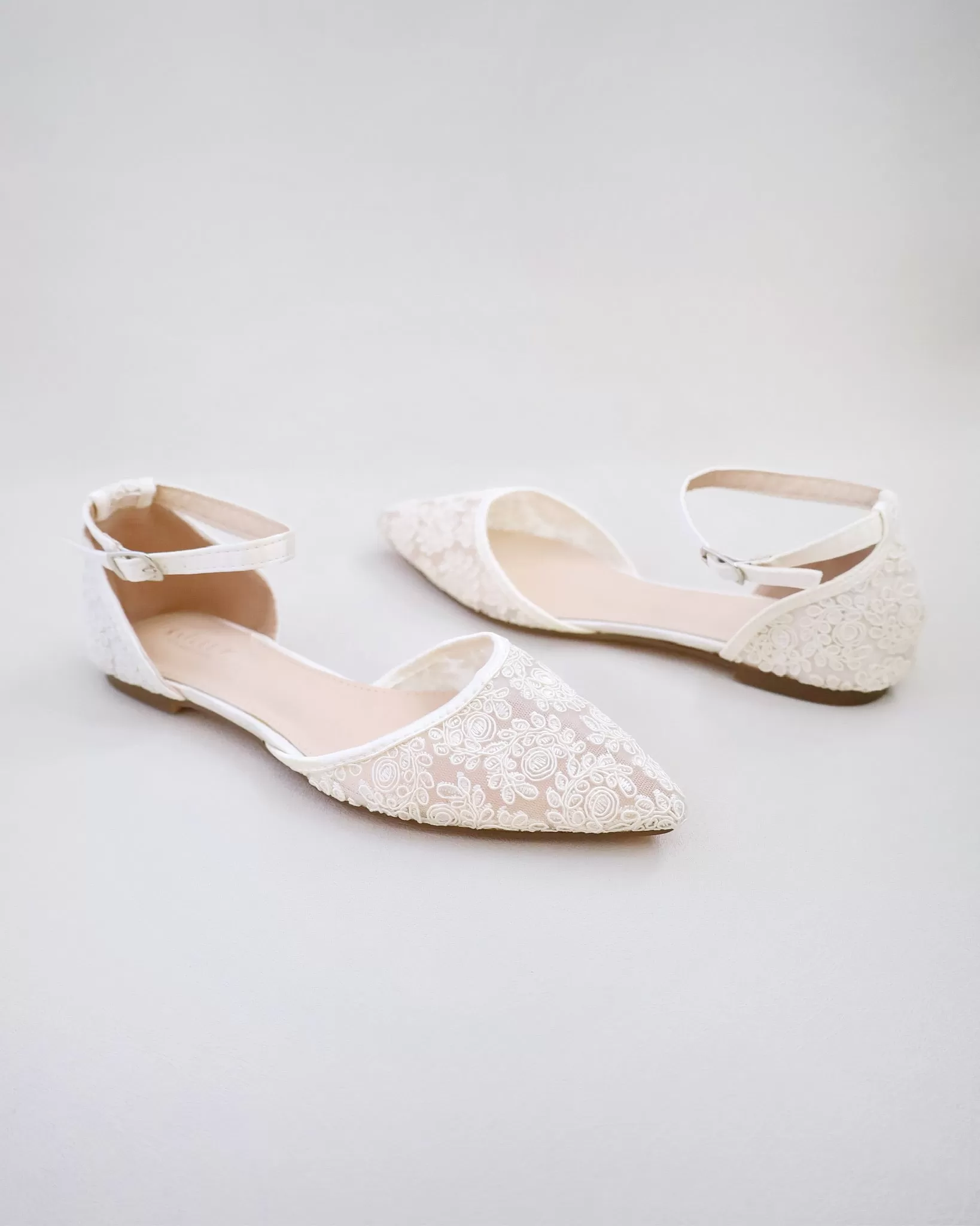 Ivory Crochet Lace Pointy Toe Flats with Ankle Strap