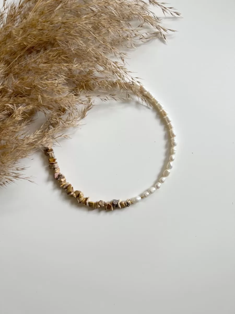 Jasper and Natural Freshwater Pearl Necklace, Sterling Silver 925 with Gilding Choker, Аsymmetrically Necklace