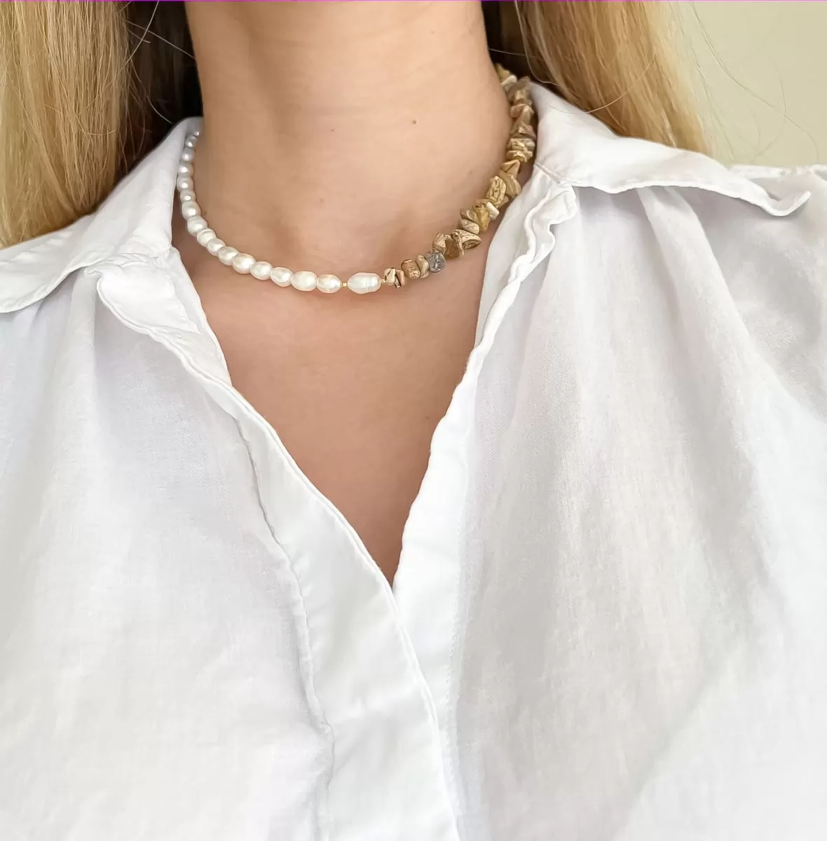 Jasper and Natural Freshwater Pearl Necklace, Sterling Silver 925 with Gilding Choker, Аsymmetrically Necklace