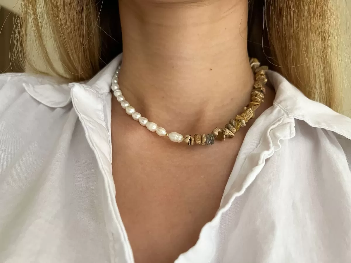 Jasper and Natural Freshwater Pearl Necklace, Sterling Silver 925 with Gilding Choker, Аsymmetrically Necklace