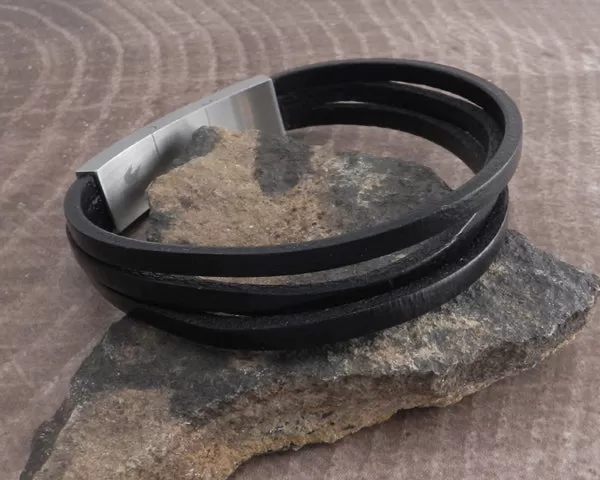 Leather 3 Row Stainless Box Adjustable Bracelet