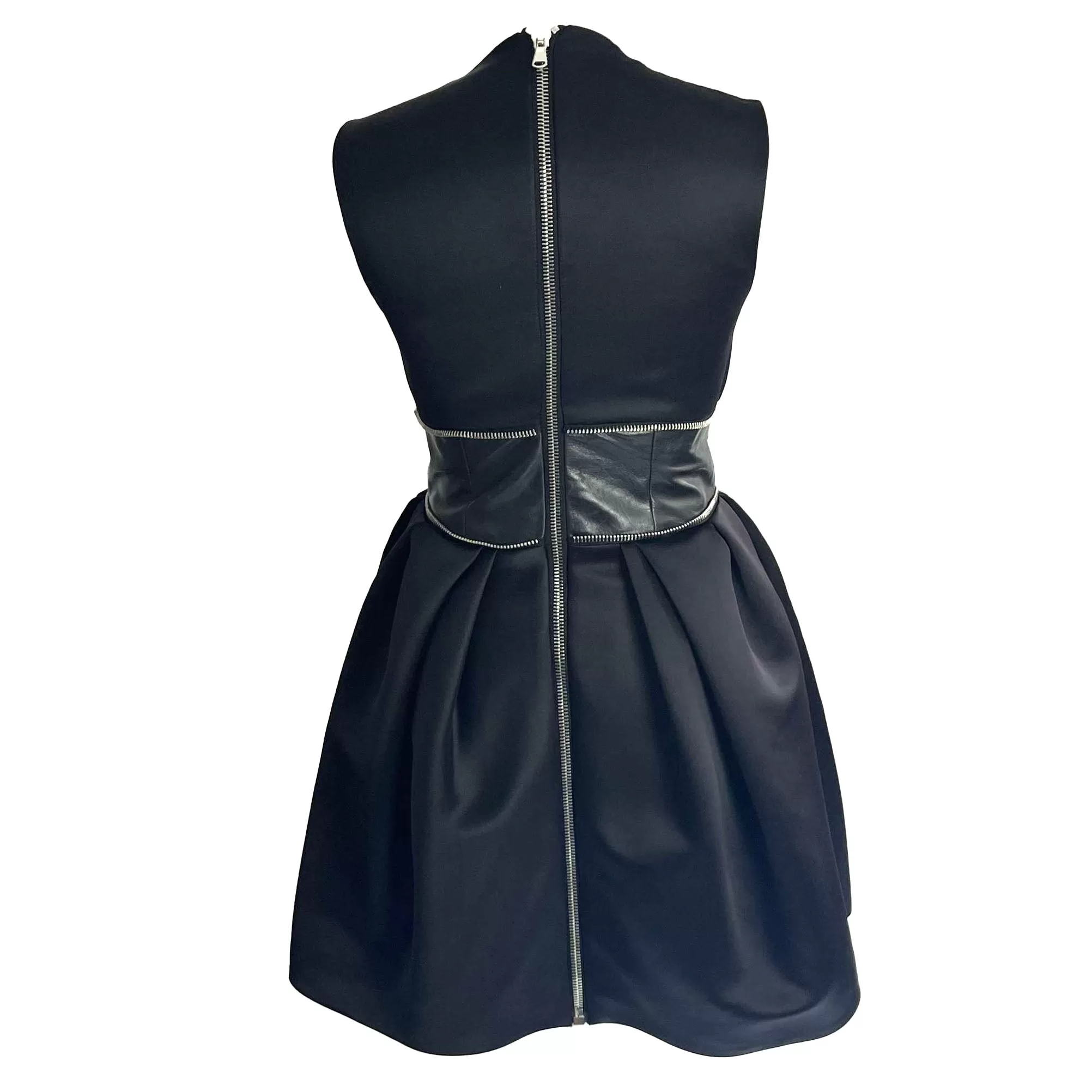 McQ Black Satin & Leather Zip Detail Prom Dress XXS