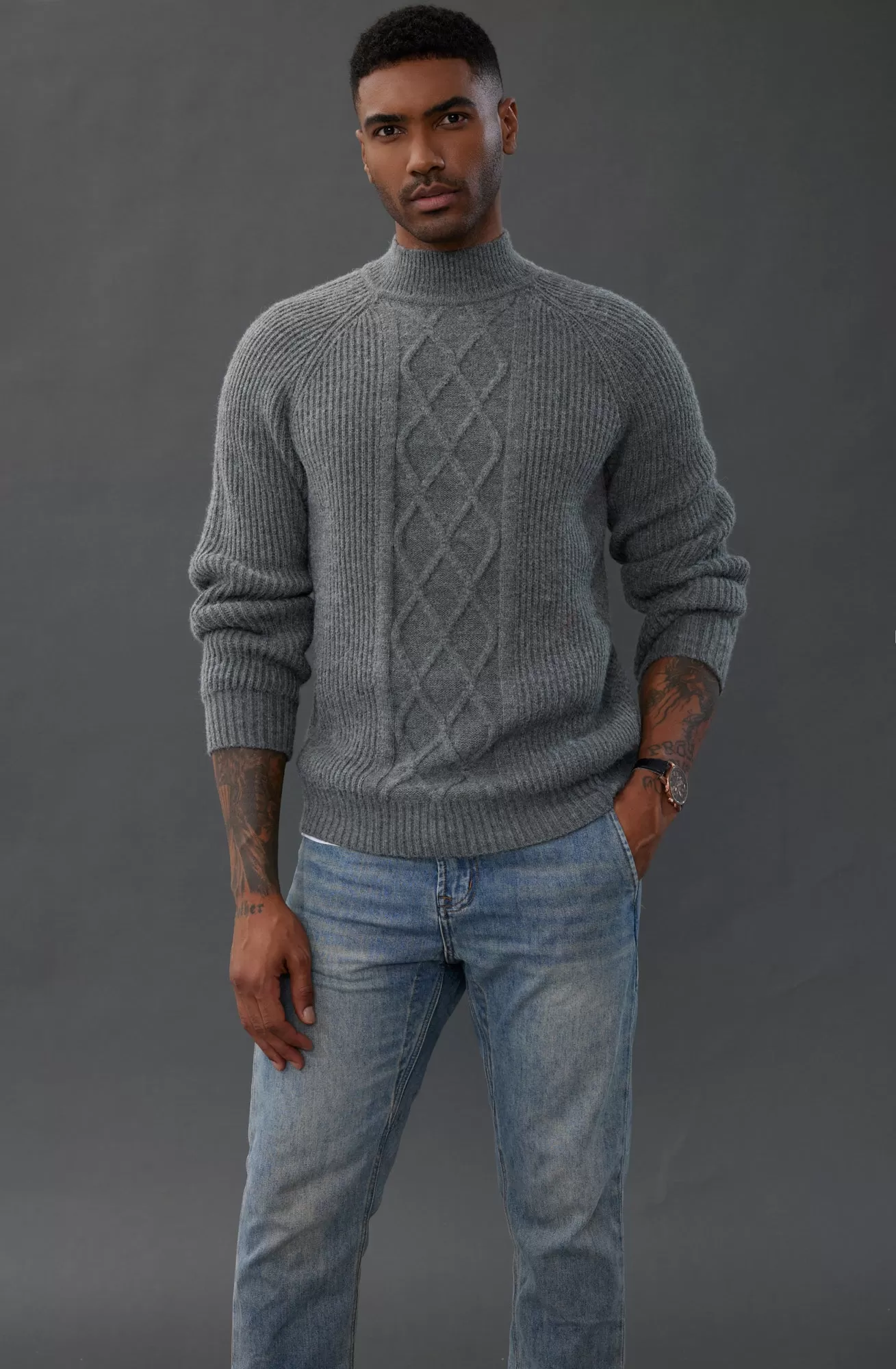 Men's Mock Neck Sweater Casual Cable Twisted Knitted Pullover Sweaters