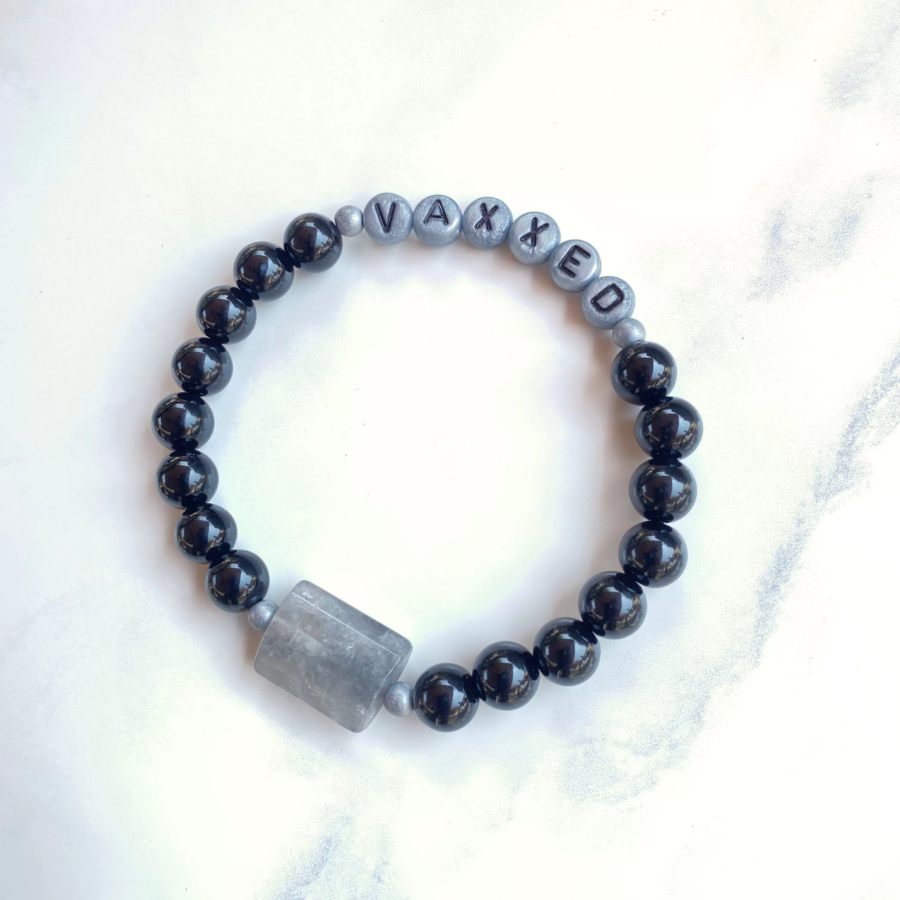 Men’s “Vaxxed”Onyx, Hematite, Smokey Quartz Stretch Bracelet