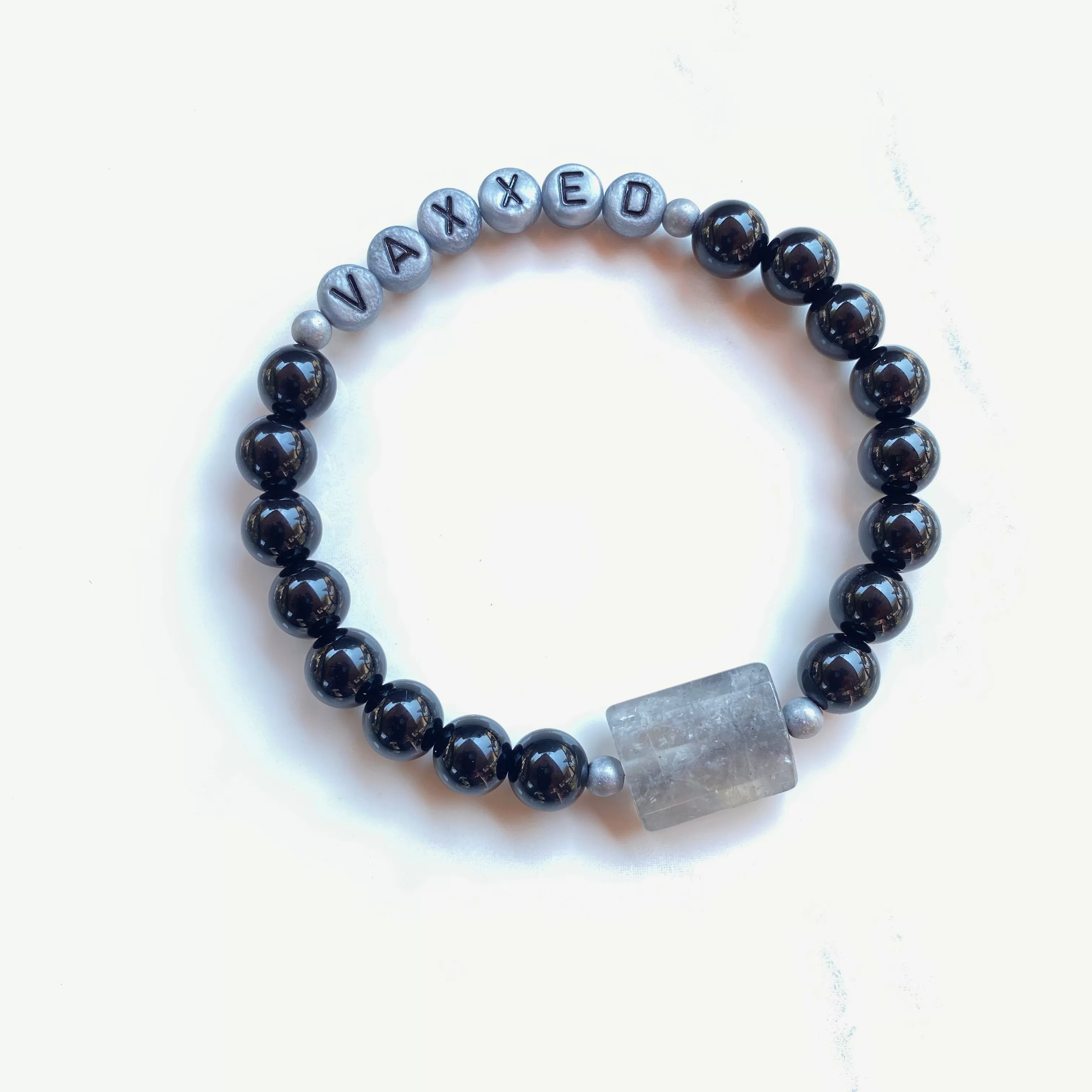 Men’s “Vaxxed”Onyx, Hematite, Smokey Quartz Stretch Bracelet