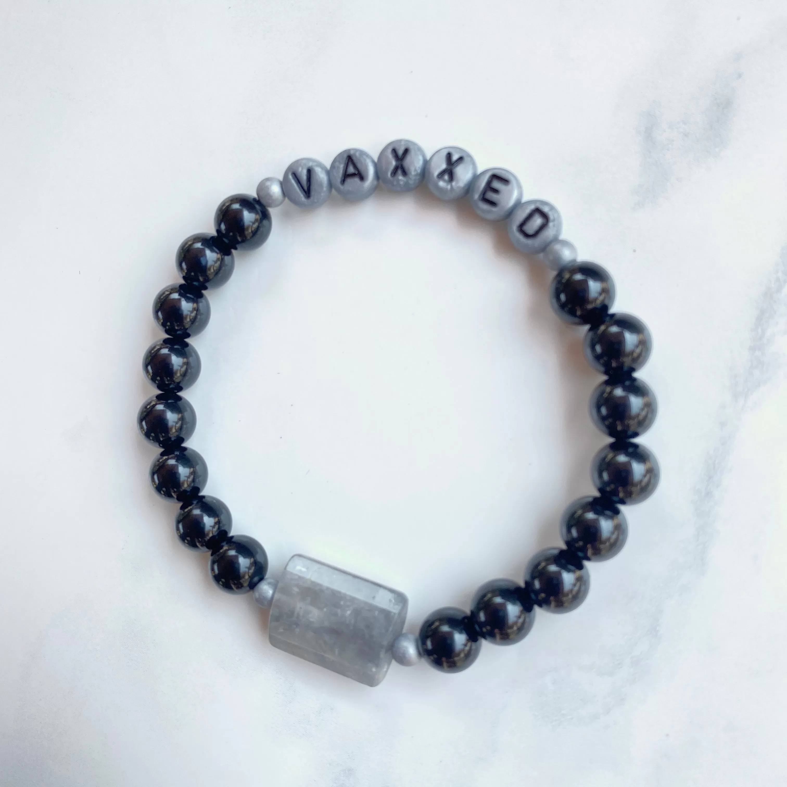 Men’s “Vaxxed”Onyx, Hematite, Smokey Quartz Stretch Bracelet