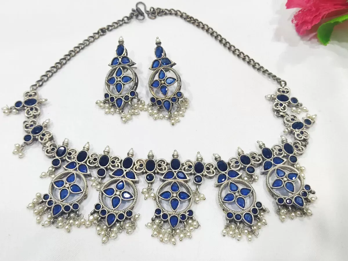 Mesmerizing Blue Chandbali Silver Oxidized Necklace Set Made With Brass And Copper