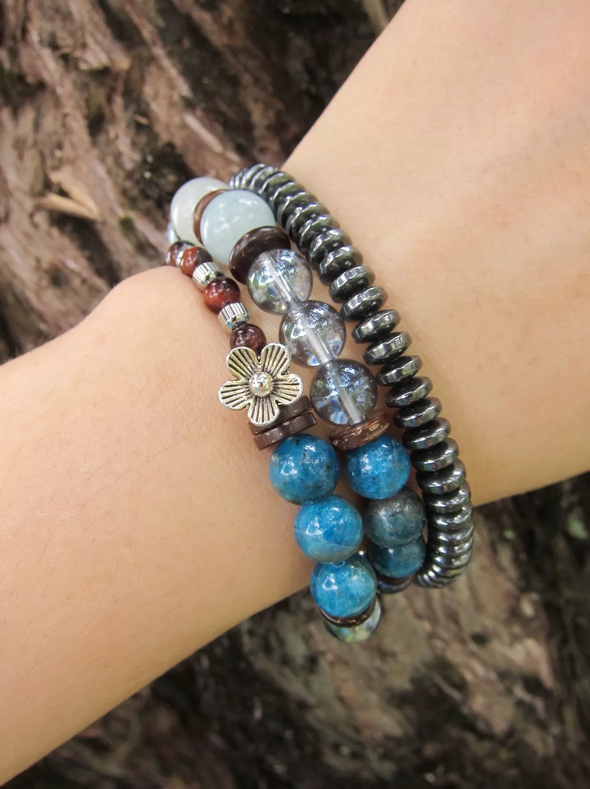 Morganite, Blue Aura Quartz, Blue Apatite in 27 Bead Mala Bracelet