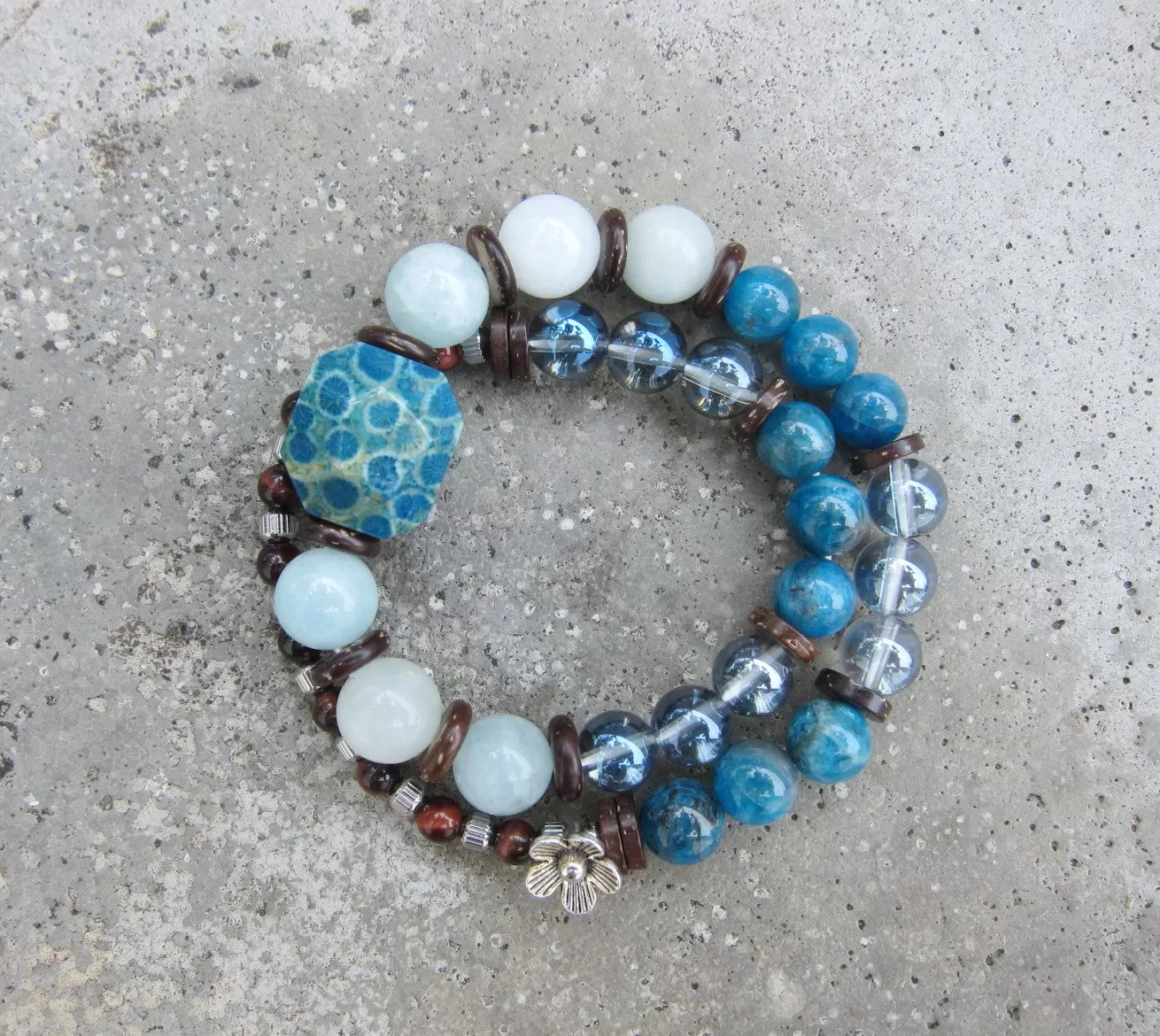 Morganite, Blue Aura Quartz, Blue Apatite in 27 Bead Mala Bracelet