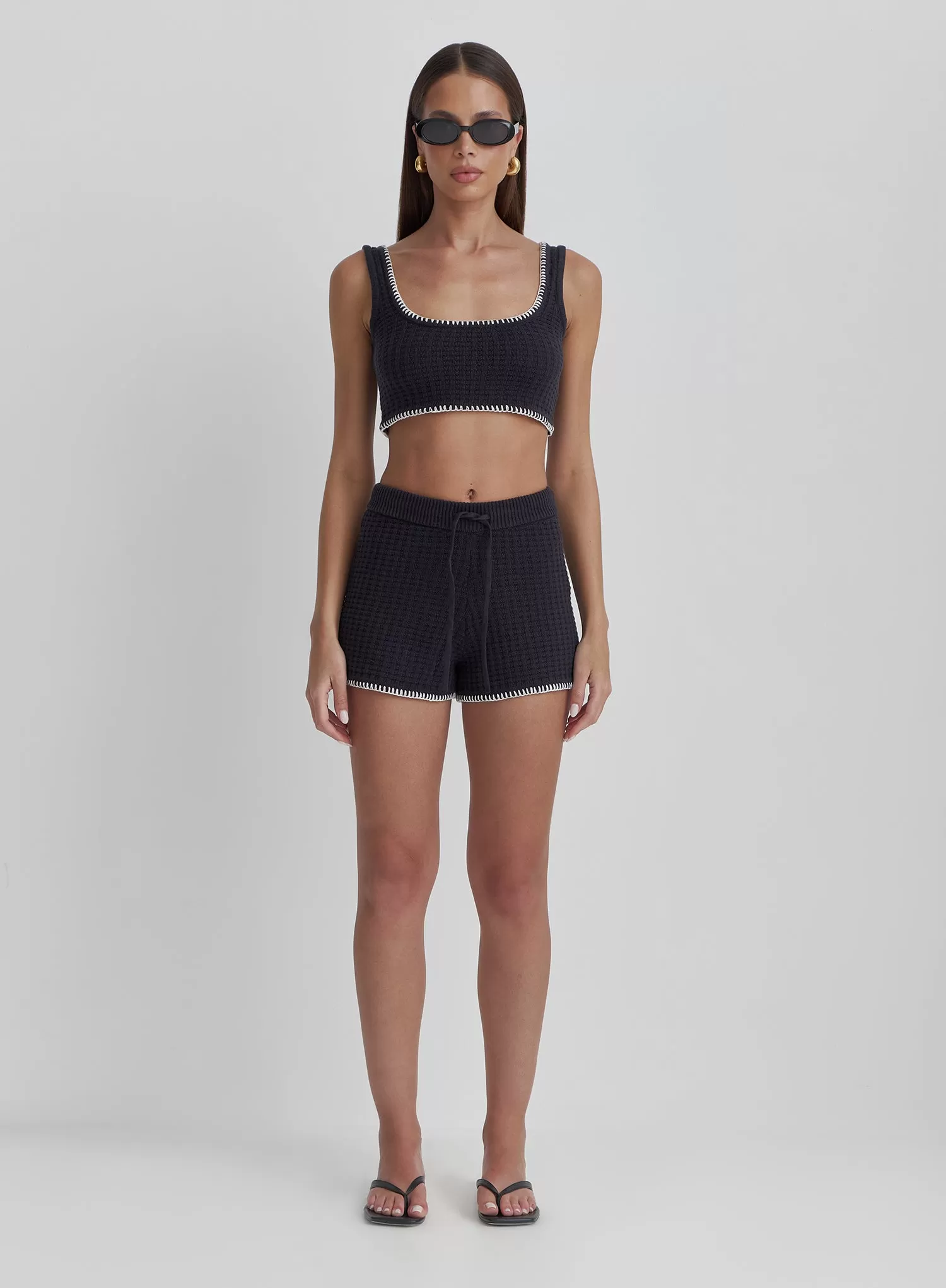 Navy Contrast Stitch Crop Top- Juliette