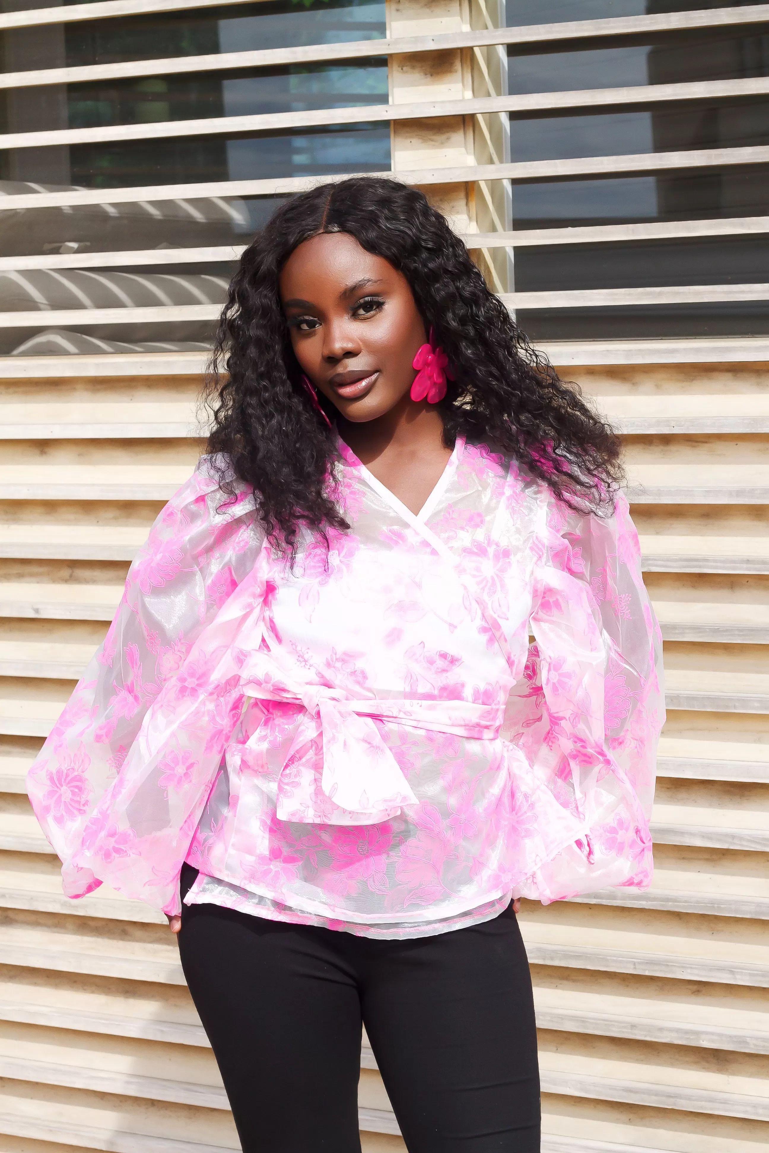 New in Pink Puff Sleeve Organza Wrap Top Blouse - Thelma