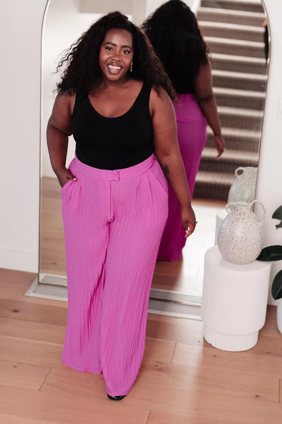 Pleated Pink Wide Leg Trouser Pants