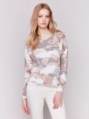 Printed V-Neck Knit Top - Woodrose