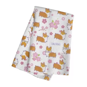 "Cherry Blossom" Classic Corgi Waffle Weave Kitchen Towel