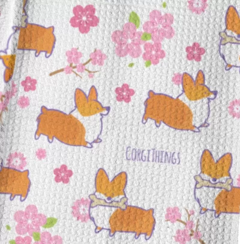 "Cherry Blossom" Classic Corgi Waffle Weave Kitchen Towel