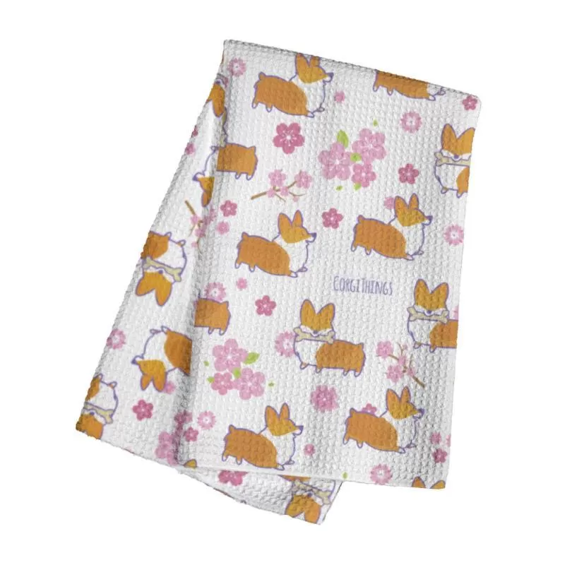 "Cherry Blossom" Classic Corgi Waffle Weave Kitchen Towel