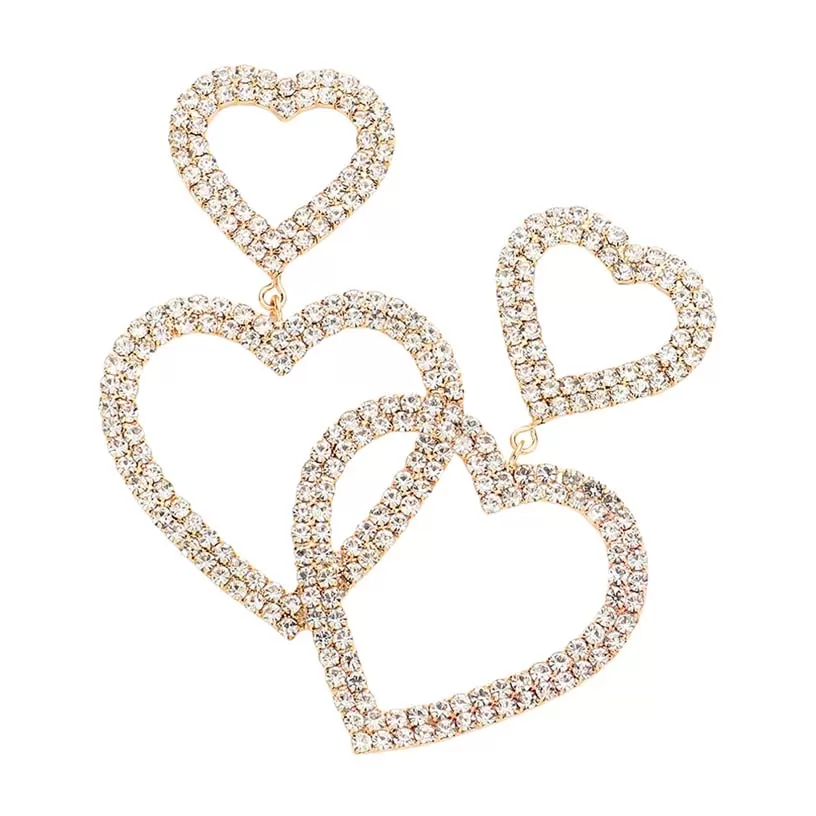 Rhinestone Pave Double Open Heart Link Dangle Evening Earrings