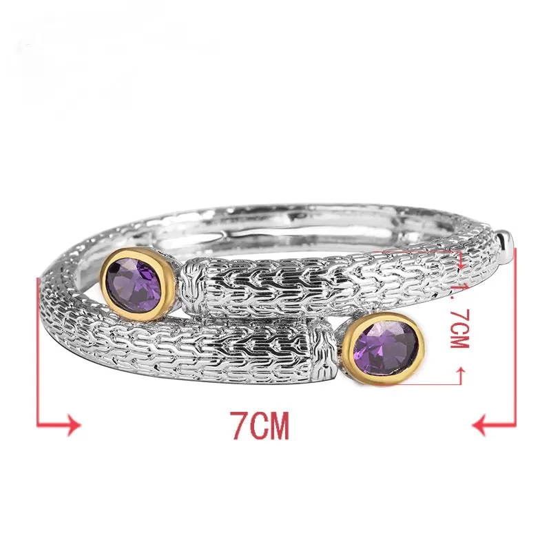 Rhodium Plated Two-Tone Amethyst Hinged Bangle Bracelet