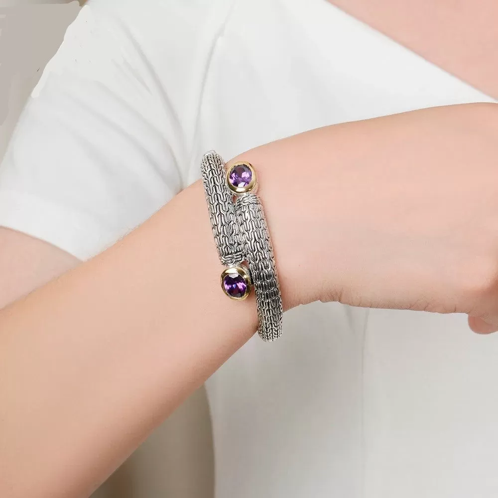 Rhodium Plated Two-Tone Amethyst Hinged Bangle Bracelet