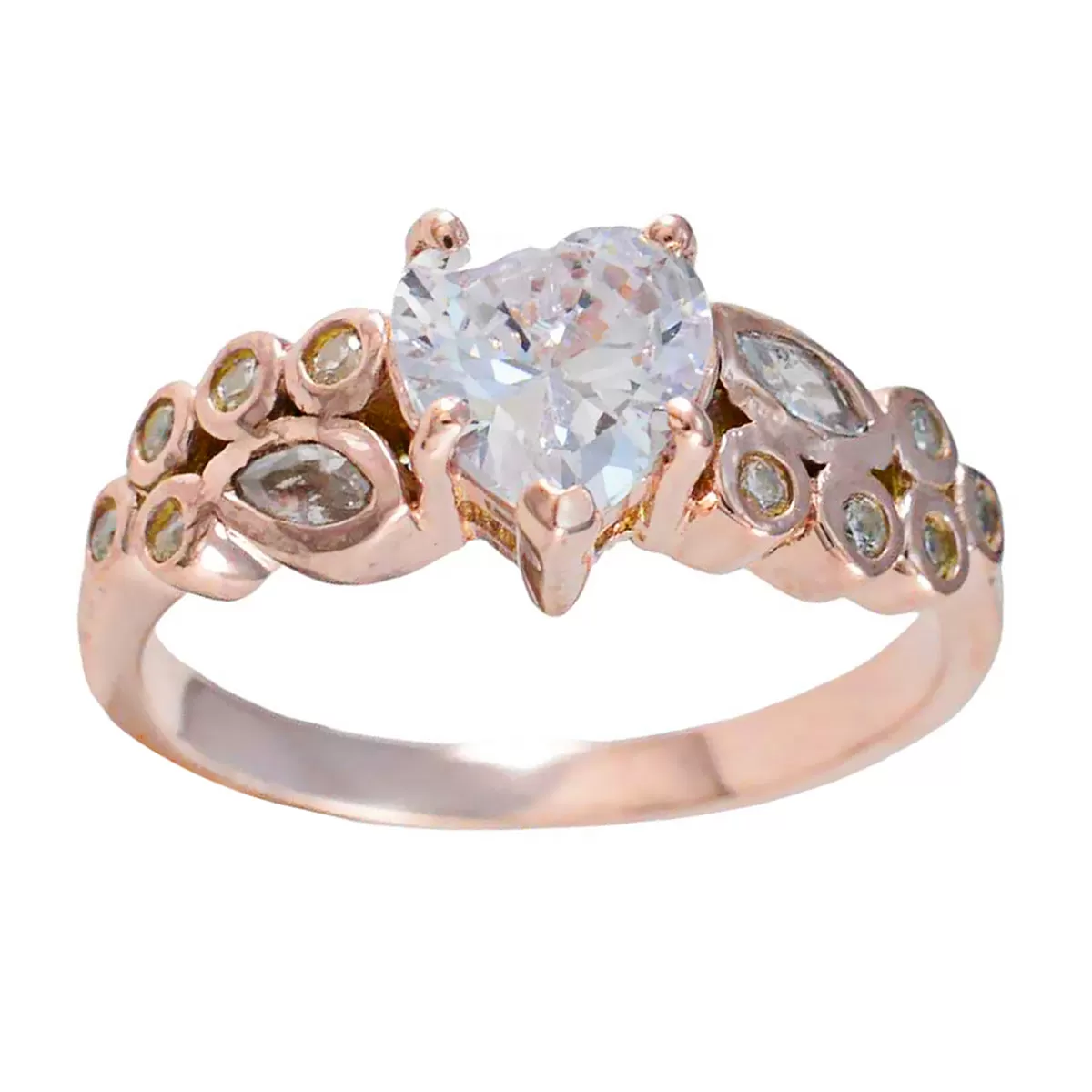 Riyo Choice Silver Ring With Rose Gold Plating White CZ Stone Heart Shape Prong Setting Bridal Jewelry Christmas Ring