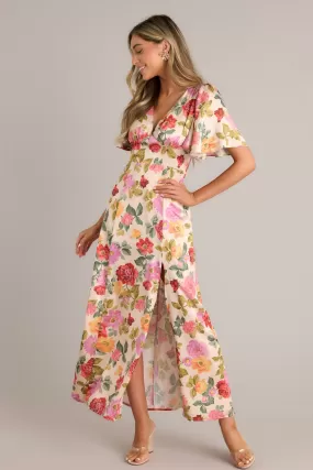 Rosewood Romance Beige Multi Floral Futter Sleeve Maxi Dress