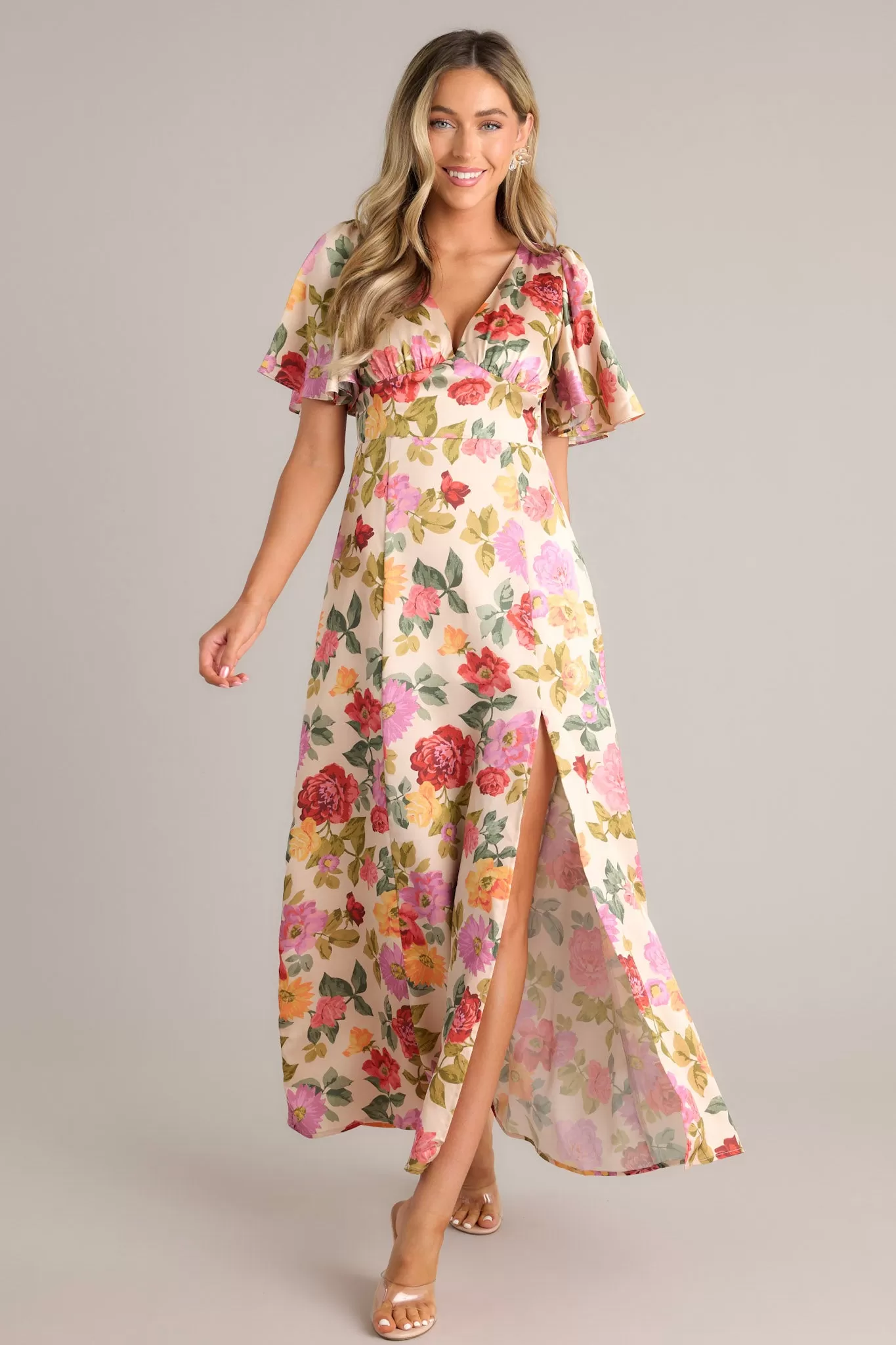 Rosewood Romance Beige Multi Floral Futter Sleeve Maxi Dress