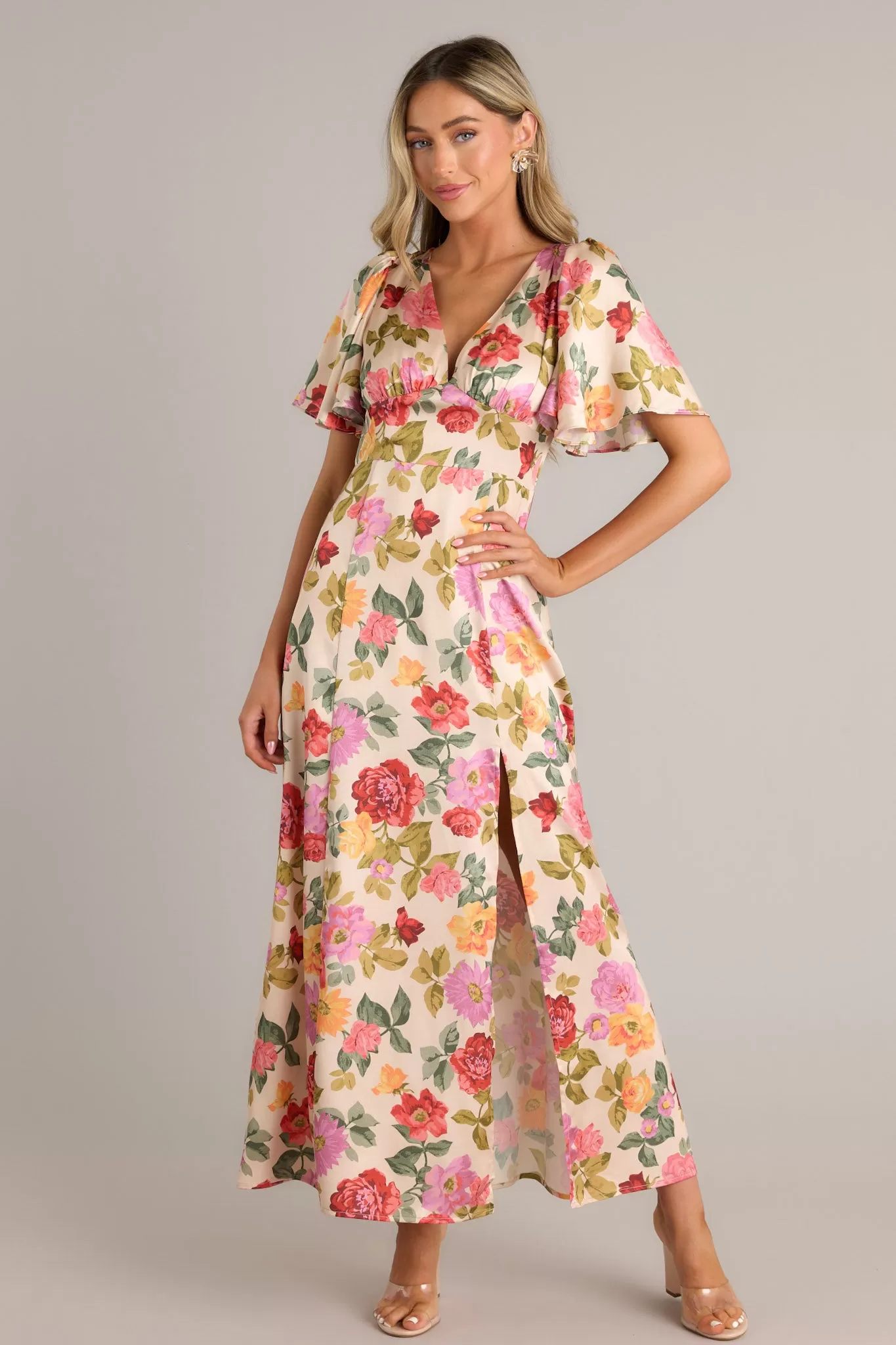 Rosewood Romance Beige Multi Floral Futter Sleeve Maxi Dress