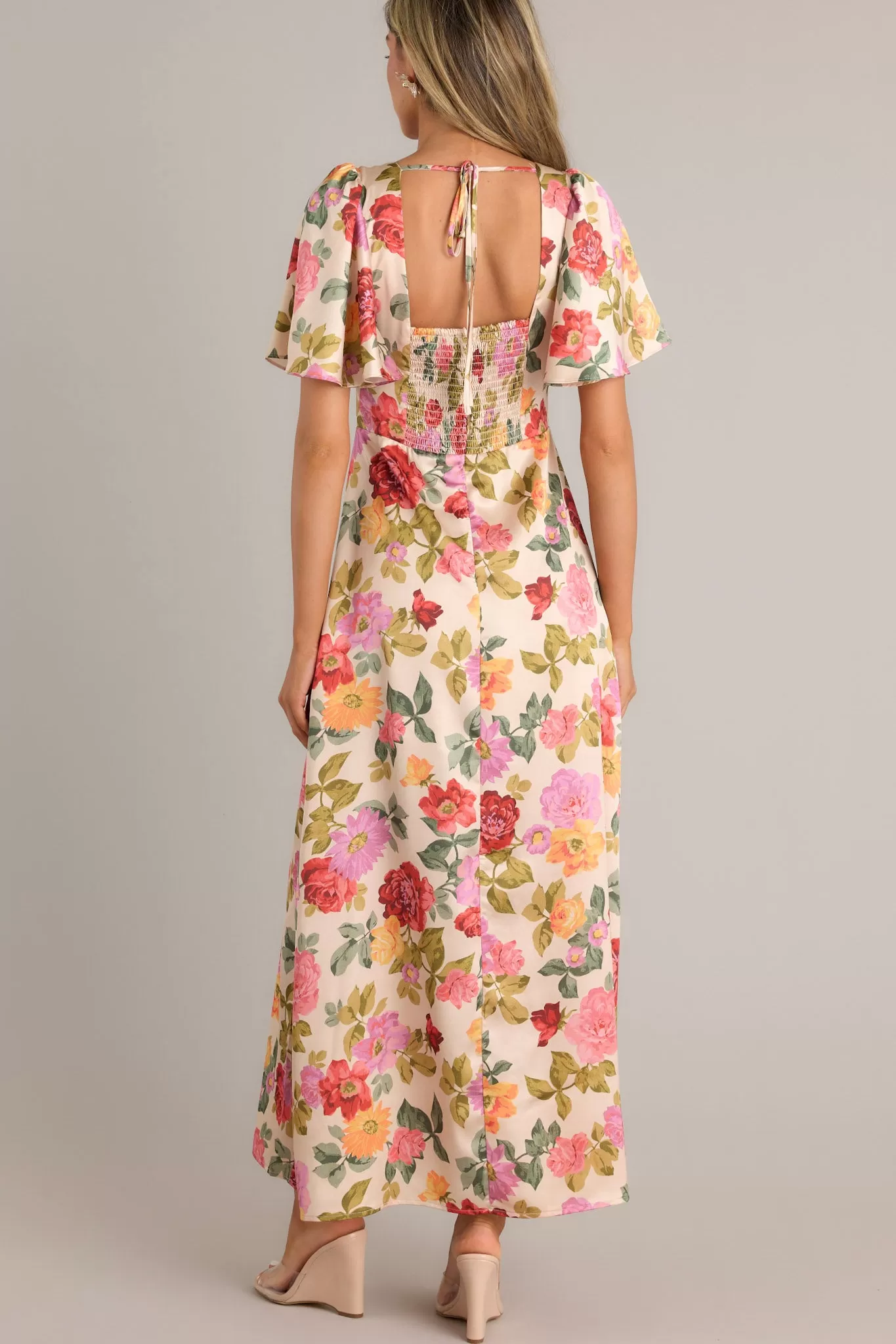 Rosewood Romance Beige Multi Floral Futter Sleeve Maxi Dress