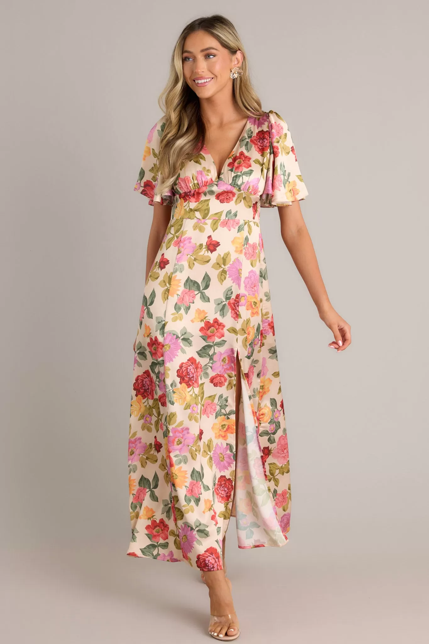 Rosewood Romance Beige Multi Floral Futter Sleeve Maxi Dress