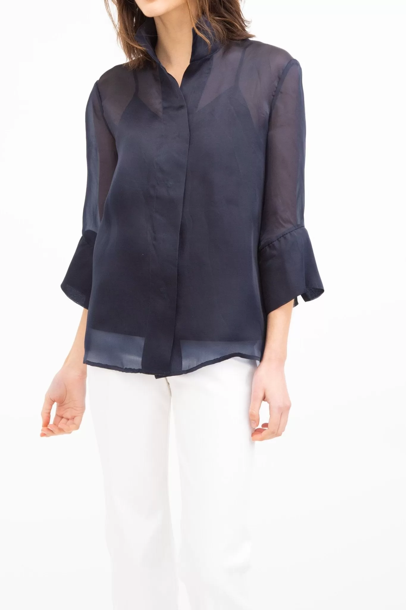 SANDRI BELTED SILK ORGANZA BLOUSE MIDNIGHT NAVY