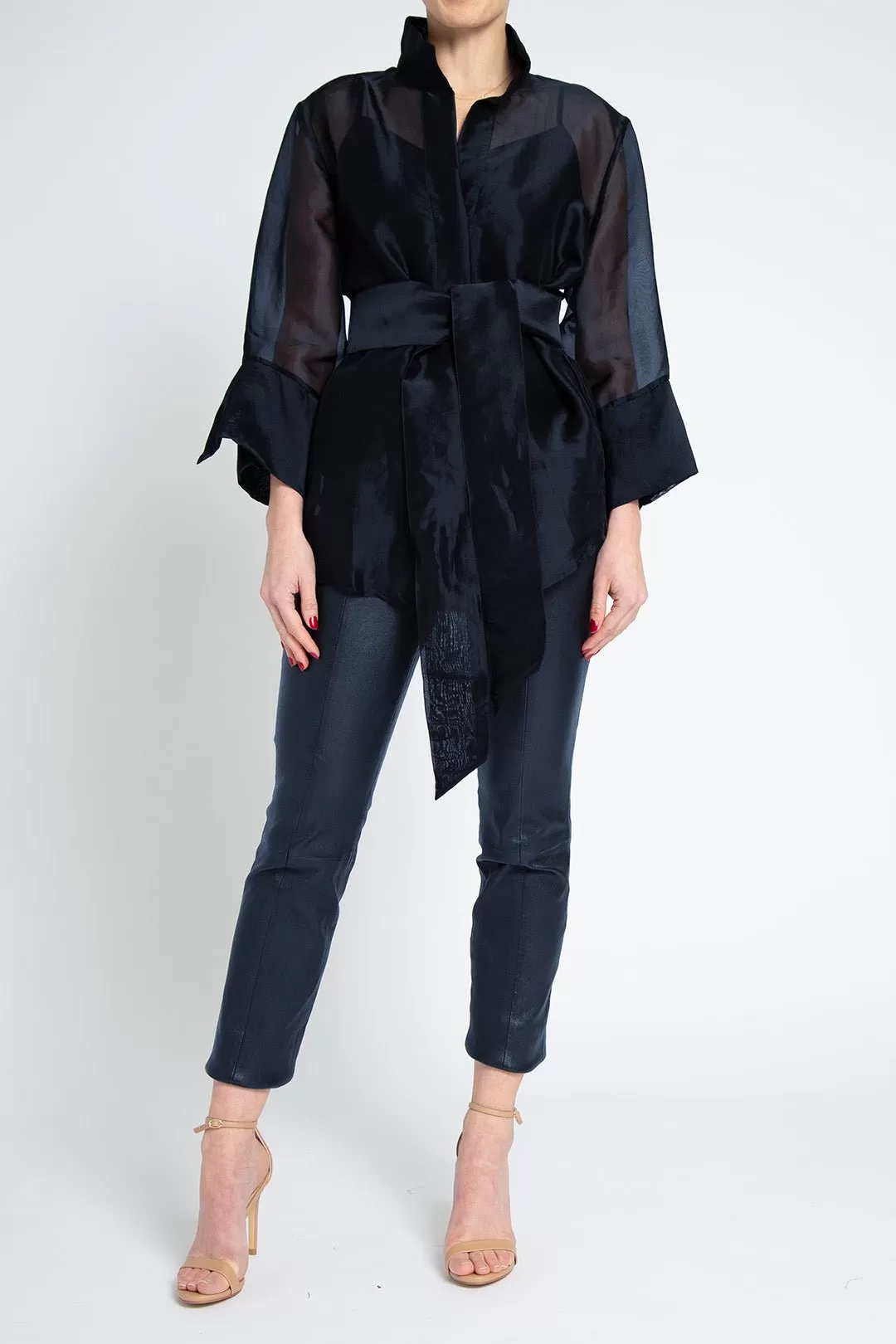 SANDRI BELTED SILK ORGANZA BLOUSE MIDNIGHT NAVY