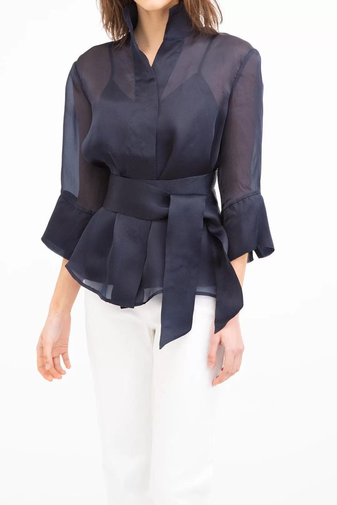 SANDRI BELTED SILK ORGANZA BLOUSE MIDNIGHT NAVY