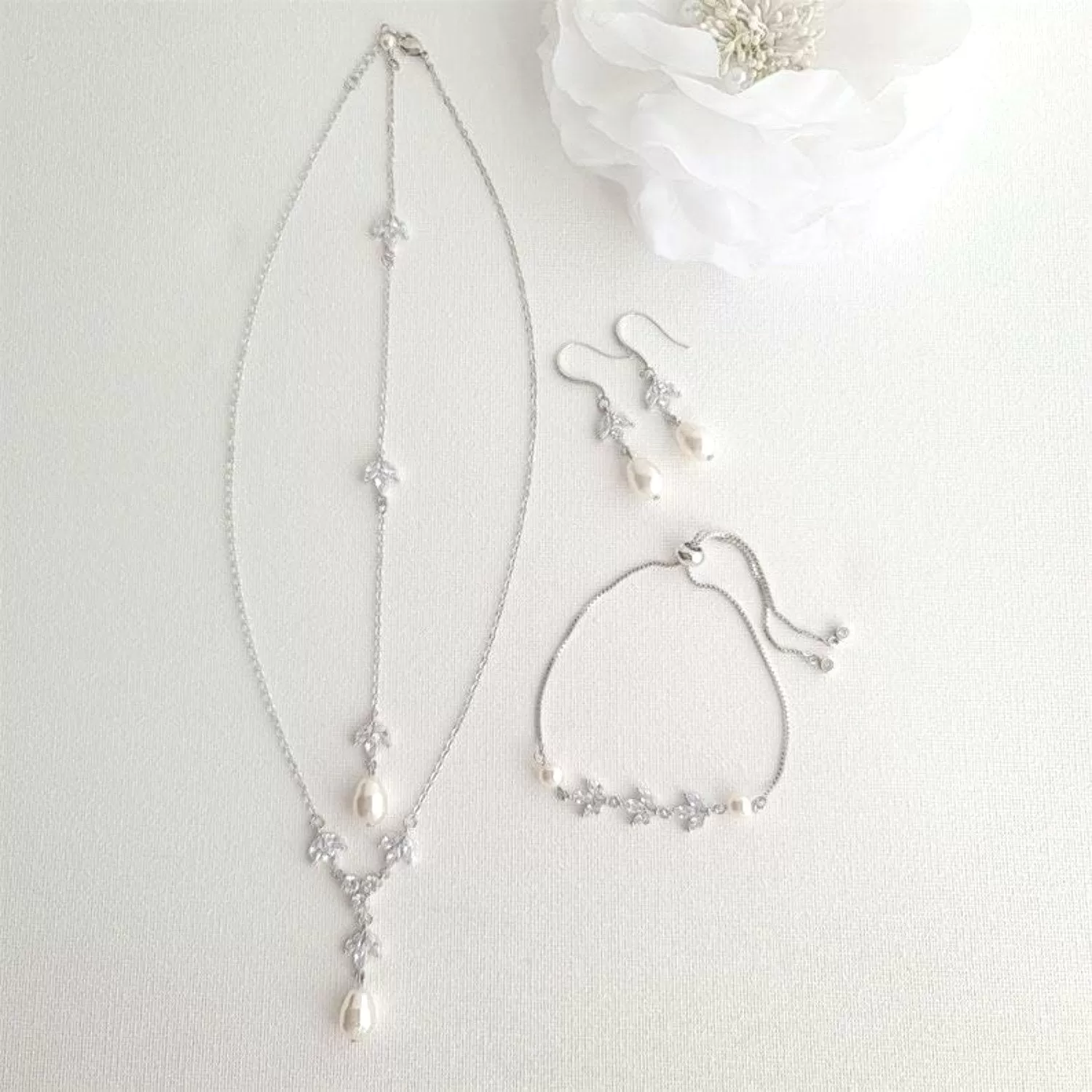 Simple Bridal Jewelry Set-3 Pcs- Silver & Pearl- Leila