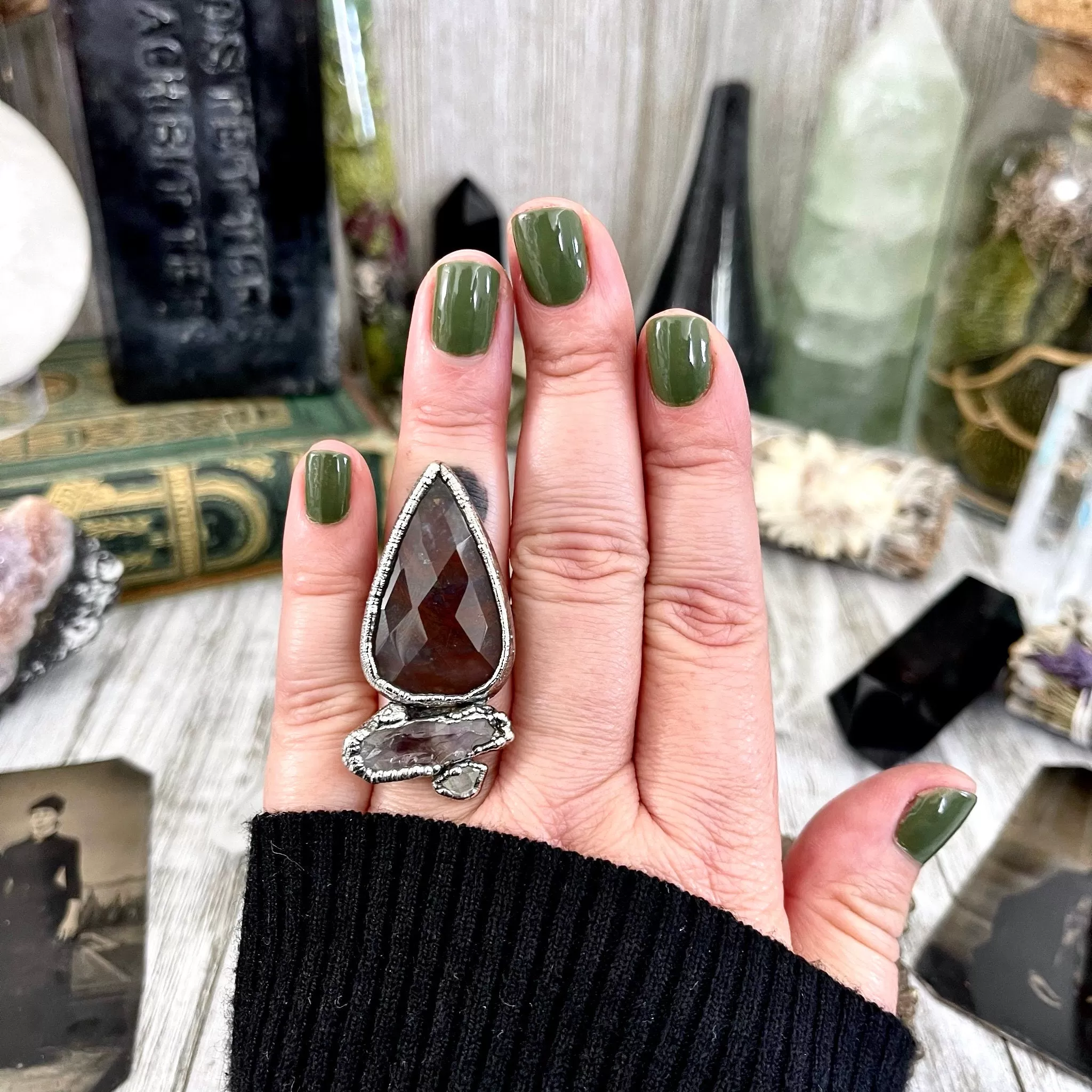 Size 6.5 Crystal Ring - Three Stone Fancy Moss Agate Amethyst Herkimer Silver Ring / Foxlark Collection - One of a Kind