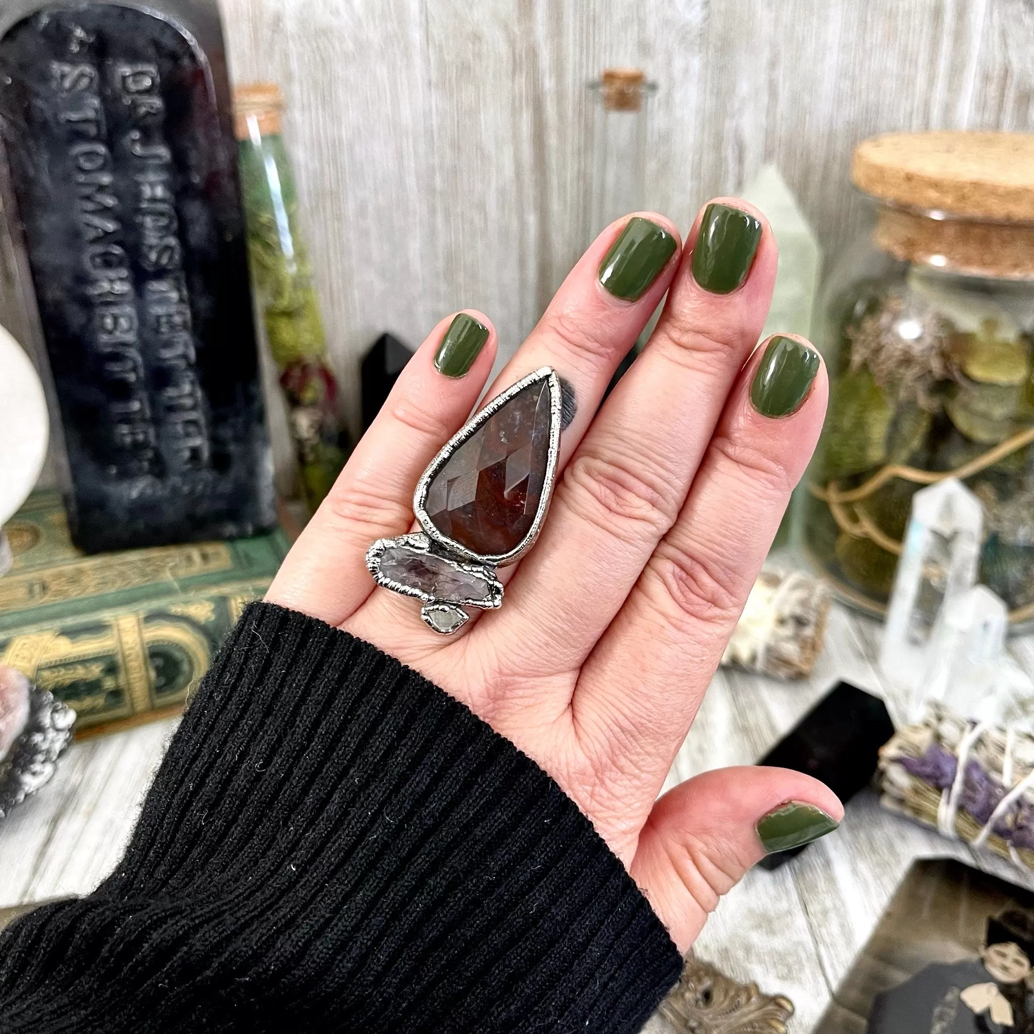 Size 6.5 Crystal Ring - Three Stone Fancy Moss Agate Amethyst Herkimer Silver Ring / Foxlark Collection - One of a Kind