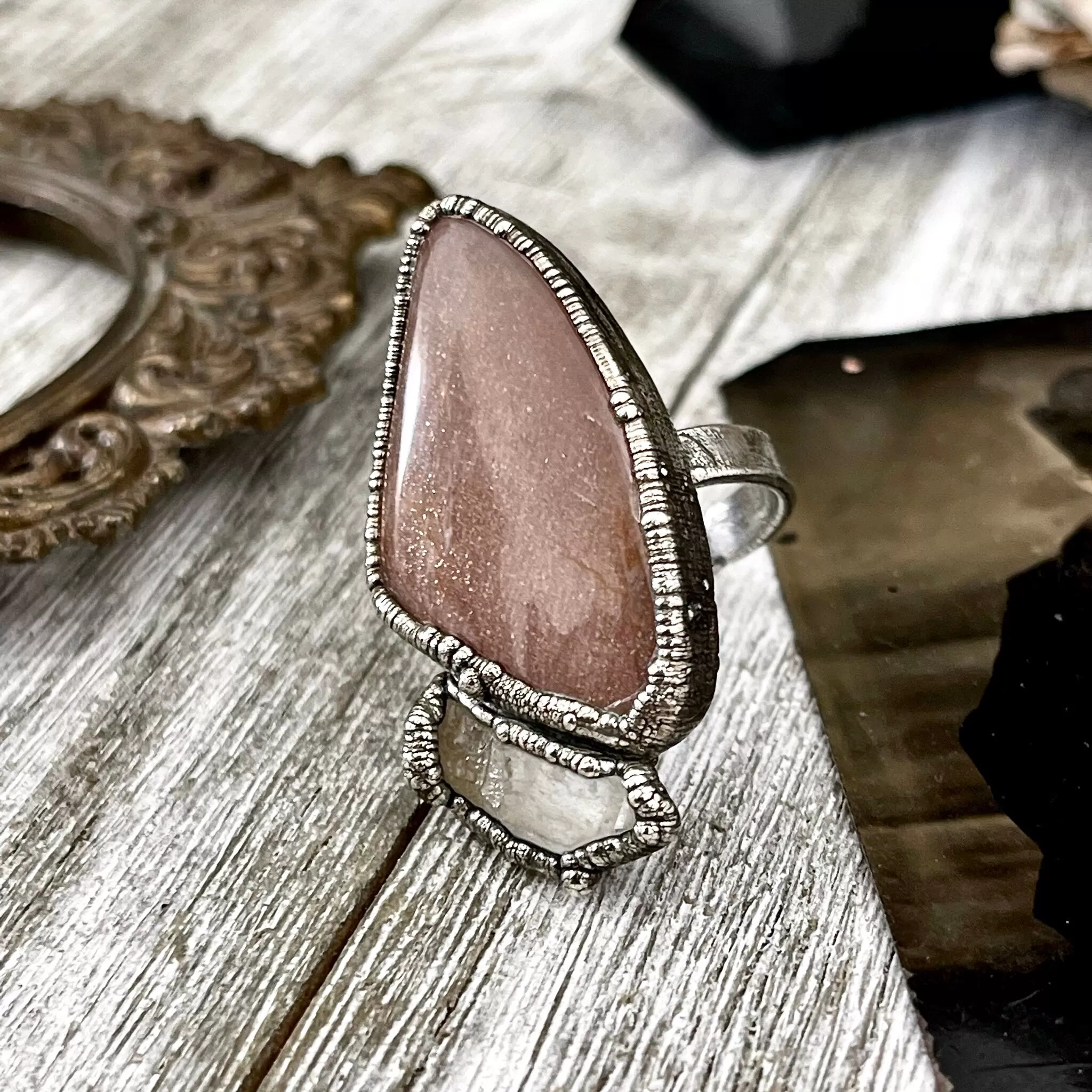 Size 8 Two Stone Ring- Peach Moonstone Clear Quartz Crystal Ring Fine Silver / Foxlark Collection - One of a Kind