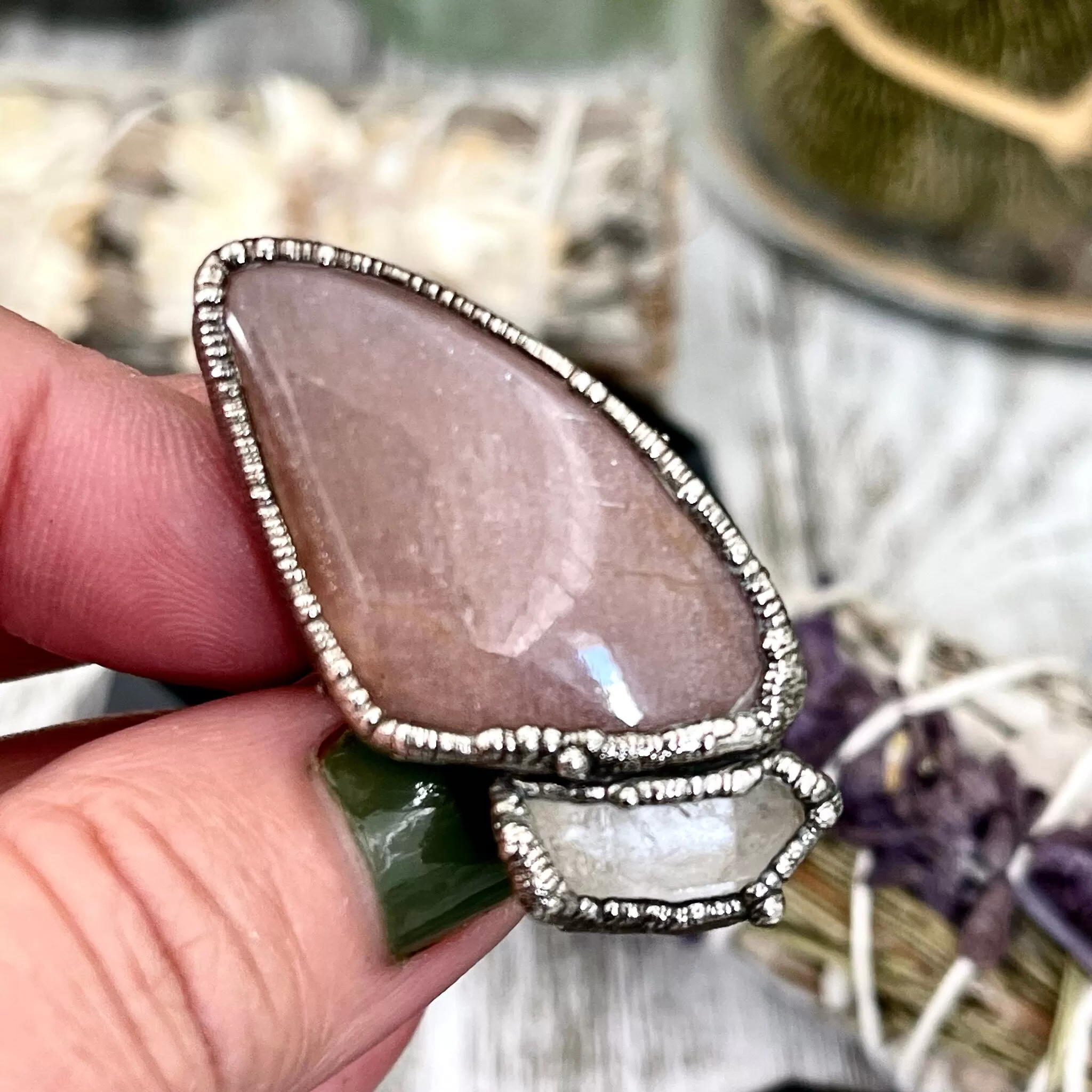 Size 8 Two Stone Ring- Peach Moonstone Clear Quartz Crystal Ring Fine Silver / Foxlark Collection - One of a Kind