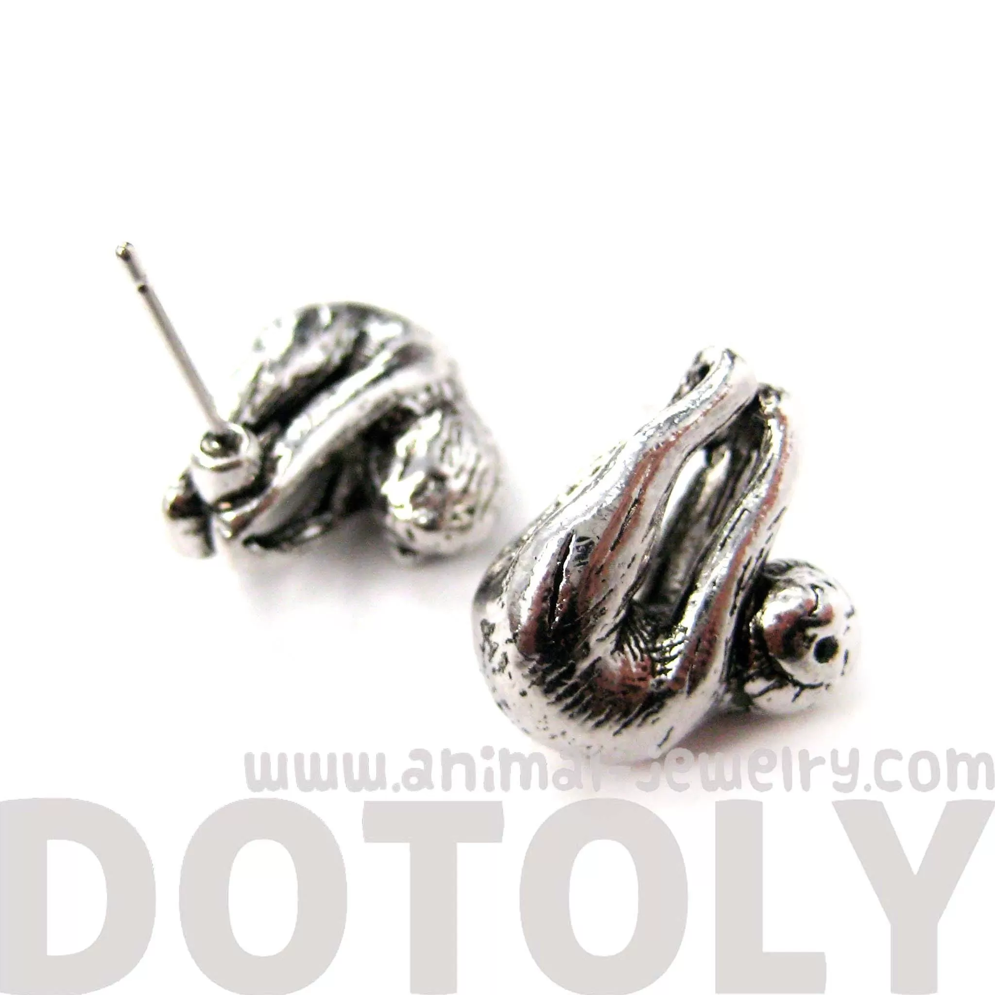 Sloth Shaped Animal Stud Earrings in Shiny Silver | Animal Jewelry