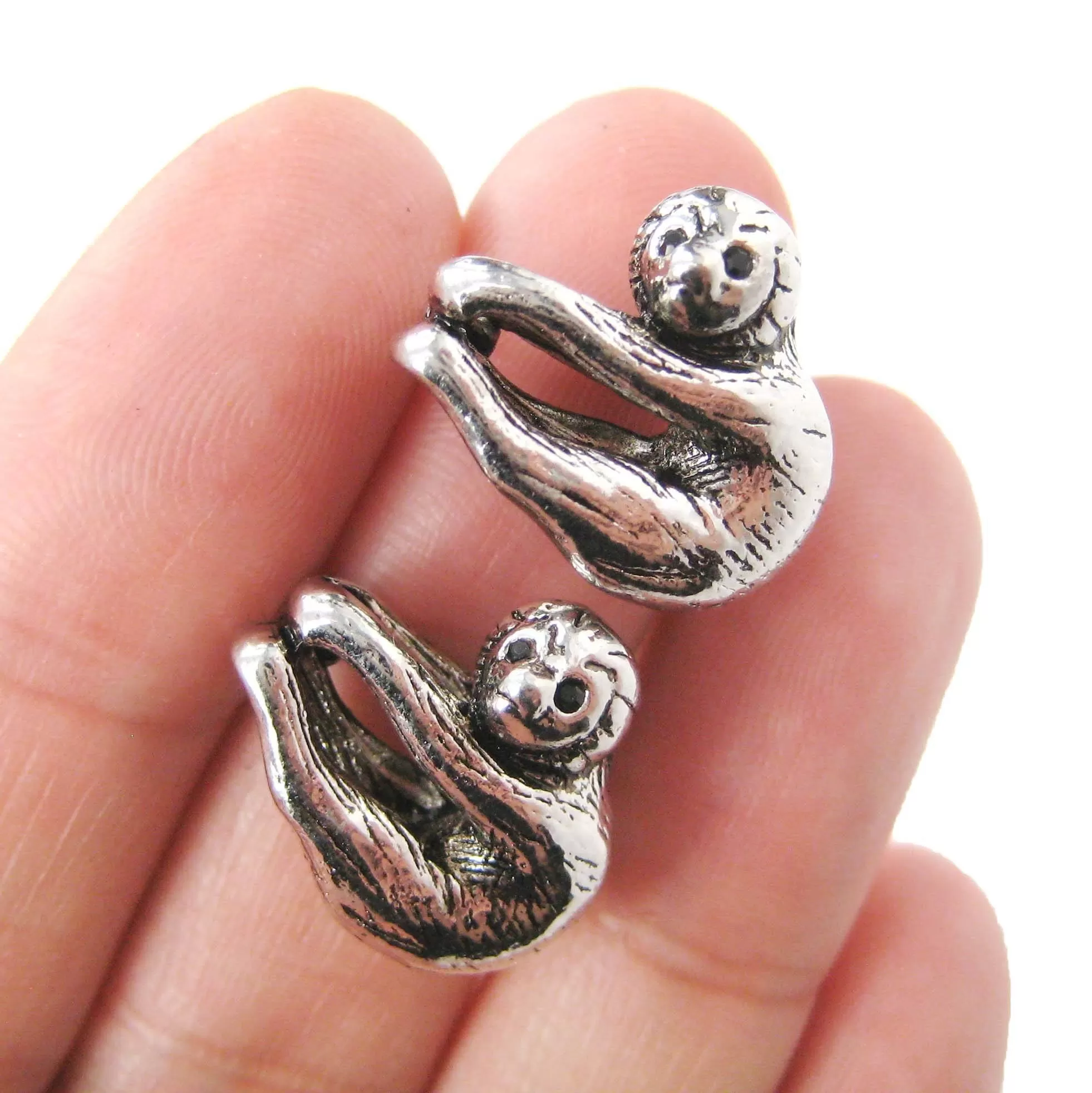 Sloth Shaped Animal Stud Earrings in Shiny Silver | Animal Jewelry