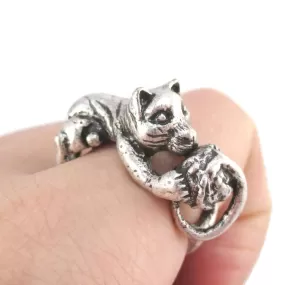 Tabby Cat Playing With a Ball of Yarn Shaped Animal Ring in Silver