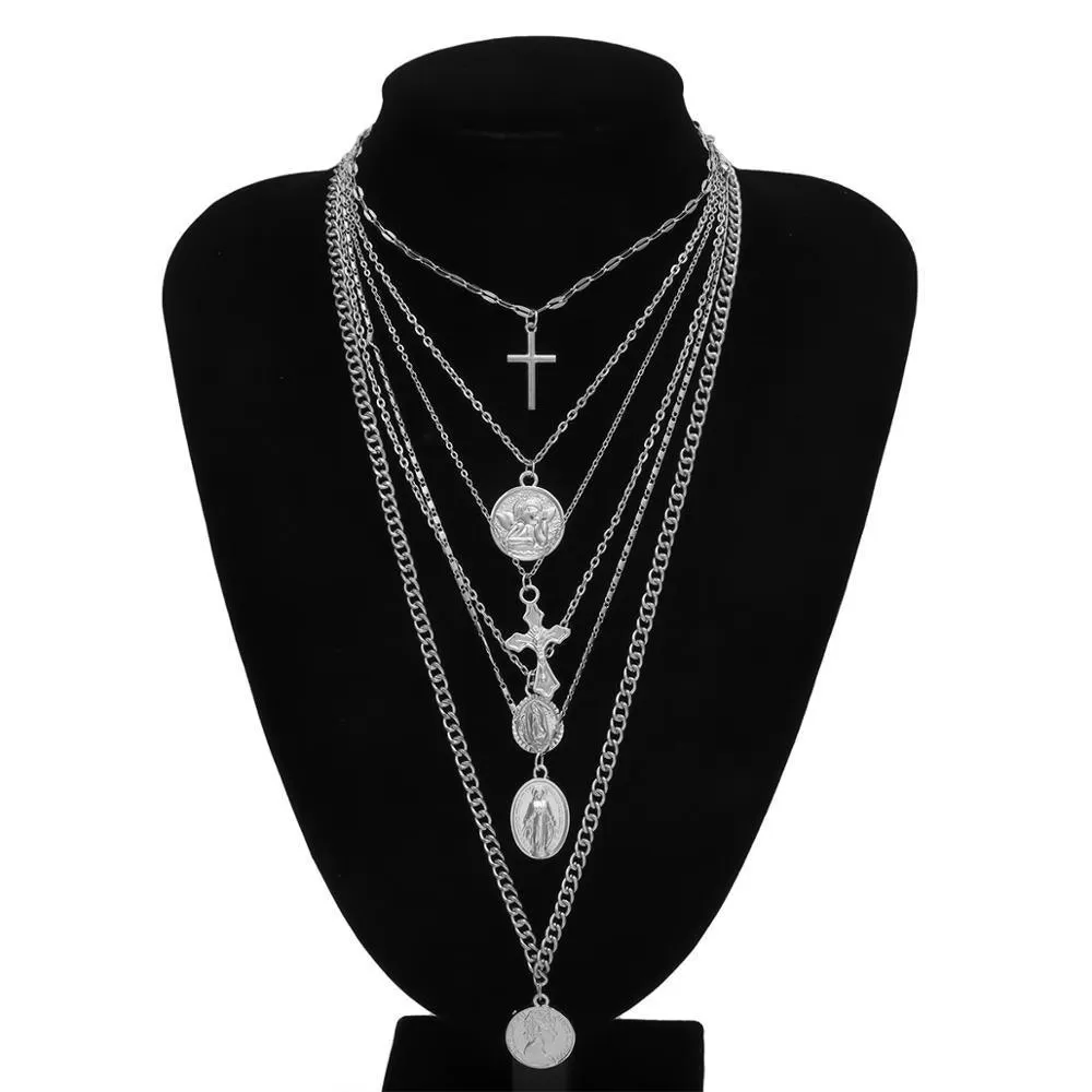 Virgin Mary and Cross Pendant Necklace