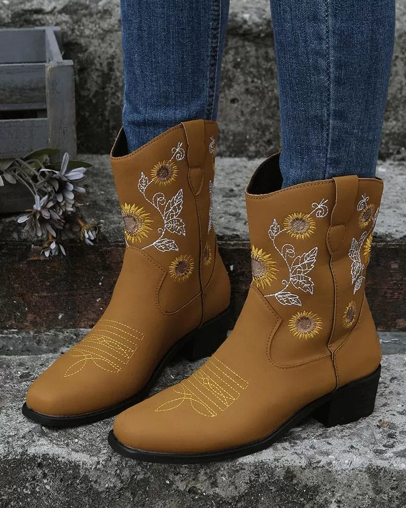 Women's Casual Daily Floral Embroidery Slip On Boots