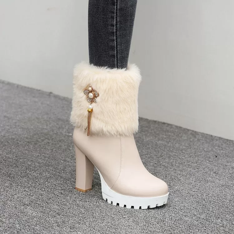 Women's Round Toe Fold Fur Rhinestone Flowers Block Chunky Heel Platform Short Boots