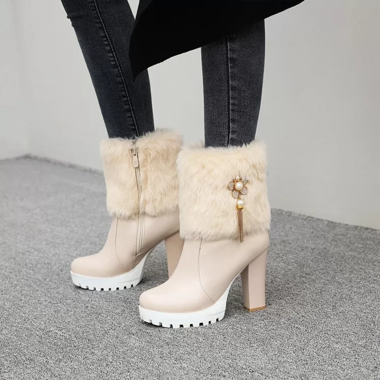 Women's Round Toe Fold Fur Rhinestone Flowers Block Chunky Heel Platform Short Boots