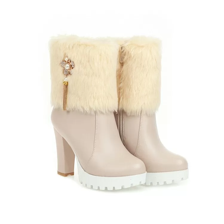 Women's Round Toe Fold Fur Rhinestone Flowers Block Chunky Heel Platform Short Boots