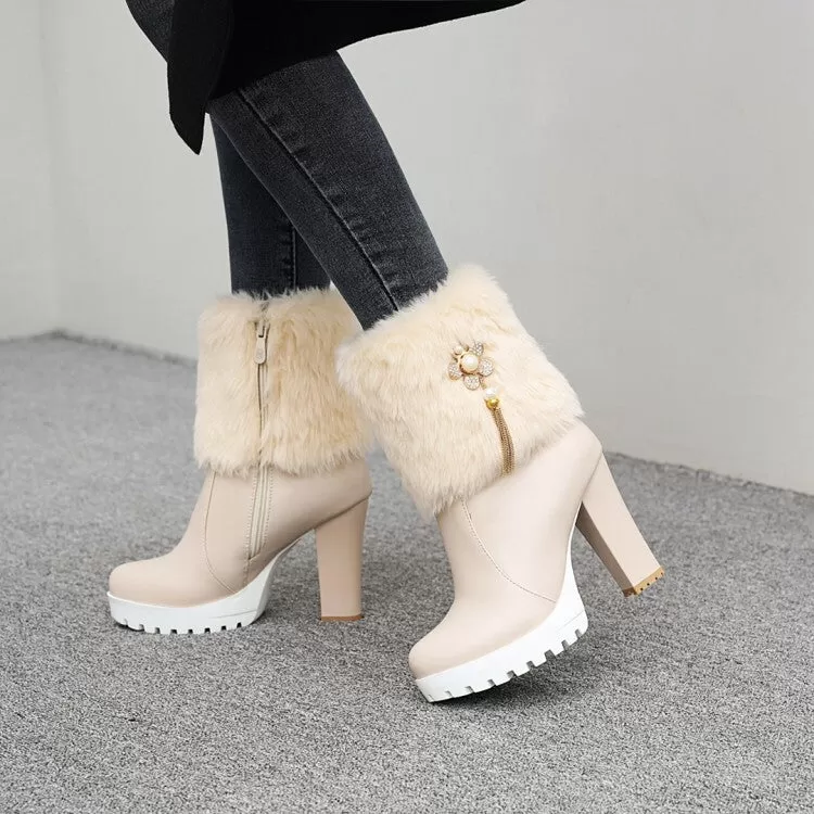 Women's Round Toe Fold Fur Rhinestone Flowers Block Chunky Heel Platform Short Boots