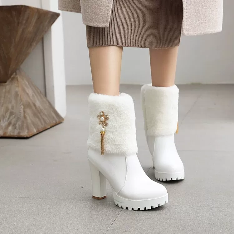 Women's Round Toe Fold Fur Rhinestone Flowers Block Chunky Heel Platform Short Boots