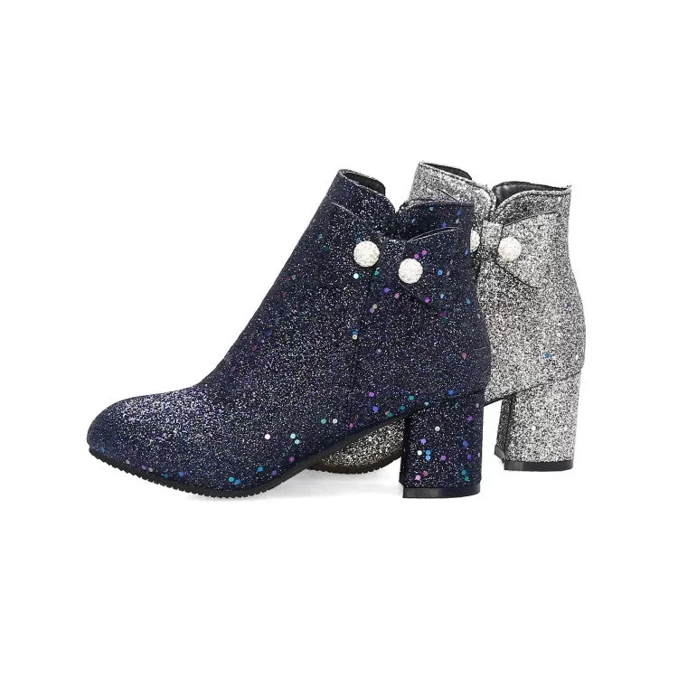 Women's Sparkling Sequins Round Toe Bow Tie Side Zippers Block Chunky Heel Short Boots